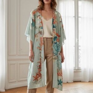 Aratta Silent journey Mint Gold Coral Sea Print Tassel Kimono One Size